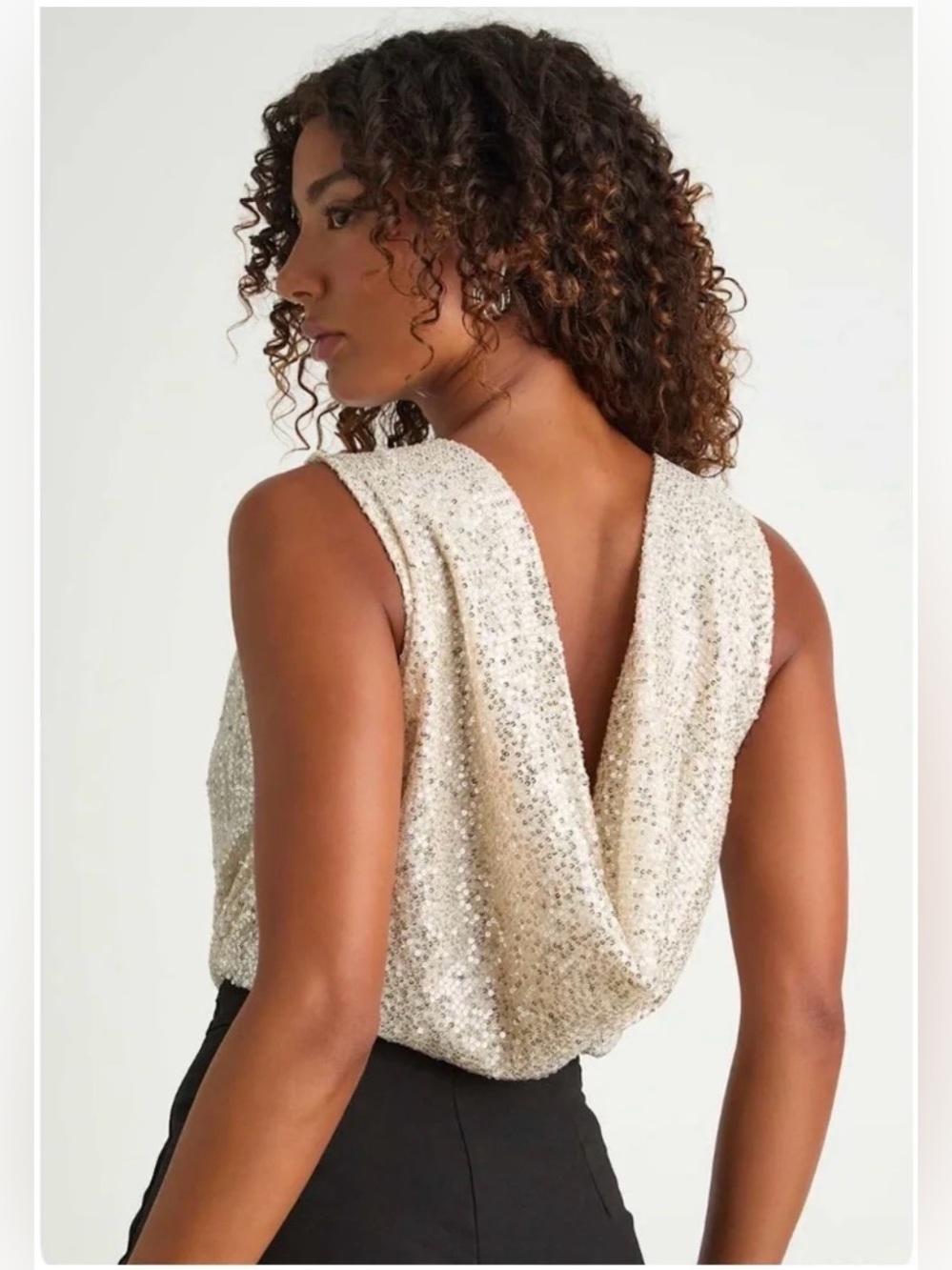 NEW Lulus Plunge Neckline Draped Back Sequin Bodysuit Nude & Silver Formal Top